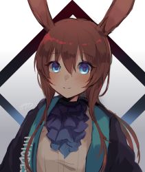 Rule 34 | 1girl, amiya (arknights), animal ears, arknights, black jacket, blue eyes, blue neckwear, blush, brown hair, closed mouth, gradient background, grey background, hair between eyes, highres, jacket, long hair, looking at viewer, nanatsuka, open clothes, open jacket, rabbit ears, shirt, signature, smile, solo, upper body, white background, white shirt
