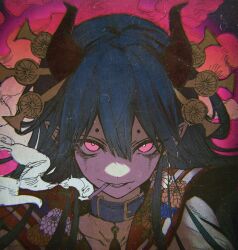 Rule 34 | 1girl, blue hair, canine tooth, cigarette, close-up, flower, highres, horns, japanese clothes, jewelry, looking at viewer, neck ring, original, pink eyes, pointy ears, smile, smoke, smoking, solo, teeth, washiya0