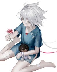 Rule 34 | 1boy, aged down, arjuna (fate), bandaged leg, bandages, bandaid, bandaid on leg, bandaid on neck, barefoot, blue eyes, character doll, child, fate/grand order, fate (series), flower, from above, full body, hair between eyes, holding, holding flower, hospital band, hospital gown, karna (fate), looking at flowers, male focus, no mouth, pale skin, red flower, short hair, sitting, solo, spider lily, tokaoioi1, white background, white hair, wire