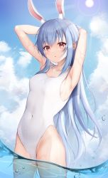 Rule 34 | 1girl, absurdres, animal ears, armpits, arms behind head, blue hair, blue sky, cloud, covered navel, day, hair down, highres, hololive, long hair, looking at viewer, one-piece swimsuit, partially submerged, rabbit ears, red eyes, sky, solo, sun, sunlight, swimsuit, thick eyebrows, thighs, underwater, usada pekora, utekiro, very long hair, virtual youtuber, water drop, wet, wet clothes, white one-piece swimsuit