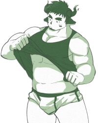 Rule 34 | 1boy, animal ears, bara, black tank top, boxer briefs, bulge, cow boy, cow ears, cow horns, cowboy shot, forked eyebrows, glowing horns, green theme, horns, large pectorals, lifted by self, looking down, male focus, male underwear, monochrome, muscular, muscular male, no pants, pectoral cleavage, pectorals, ragi san (ononokomachiimo), solo, standing, tank top, thick eyebrows, thighs, tokyo houkago summoners, underpec, underwear, wakan tanka