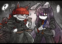 Rule 34 | !, +++, ..., 2girls, animal ears, black bow, black dress, black jacket, black pants, blazer, blunt bangs, bow, cat ears, cat tail, colored skin, dress, extra ears, eyebrows, formal, grey background, grin, hair between eyes, hair bow, hair ribbon, hand in jacket, hatching (texture), jacket, kaenbyou rin, letterboxed, linear hatching, long hair, long sleeves, multiple girls, multiple tails, one eye covered, pants, pinky out, pointy ears, pullcart, purple hair, rabbit ears, rabbit tail, red eyes, red hair, reisen udongein inaba, ribbon, shaded face, sharp teeth, sidelocks, slit pupils, smile, spoken ellipsis, spoken exclamation mark, suenari (peace), tail, teeth, touhou, tress ribbon, two tails, very long hair, white skin