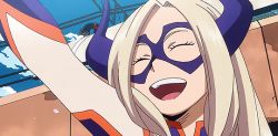 Rule 34 | 10s, 1boy, 1girl, all fours, animated, animated gif, arm up, artist request, blonde hair, blue sky, bodysuit, boku no hero academia, building, city, closed eyes, cloud, domino mask, gloves, grin, happy, head only, horns, kamui woods, long hair, mask, mount lady, official art, open mouth, outdoors, parted lips, screencap, sky, smile, smirk, spotlight, superhero costume, teeth, tongue, waving, wide-eyed