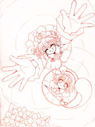 Rule 34 | 2girls, arms up, catbell, closed eyes, female focus, flower, from above, hair ribbon, hitodama, konpaku youmu, konpaku youmu (ghost), looking at viewer, looking up, monochrome, multiple girls, open mouth, outstretched arms, puffy short sleeves, puffy sleeves, red theme, ribbon, saigyouji yuyuko, short hair, short sleeves, smile, touhou, triangular headpiece, umbrella