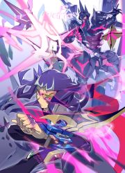 Rule 34 | 1boy, armor, artist name, black armor, black pants, blue eyes, card, commentary, duel disk, duel monster, e volution, glowing, heterochromia, holding, holding card, holding polearm, holding weapon, jacket, kamishiro ryouga, male focus, multicolored hair, number c101 silent honor dark, number c32 shark drake veiss, pants, polearm, purple hair, purple jacket, red eyes, spear, two-tone hair, weapon, yellow eyes, yu-gi-oh!, yu-gi-oh! zexal