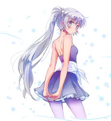 Rule 34 | 1girl, arms behind back, back, bare shoulders, blue dress, blue eyes, blue pantyhose, border, bow, breasts, closed mouth, commentary request, cropped legs, dress, earrings, frilled dress, frills, from side, highres, iesupa, jewelry, lavender legwear, long hair, looking at viewer, own hands clasped, own hands together, pantyhose, purple pantyhose, rwby, scar, scar across eye, scar on face, scarf, short dress, side ponytail, silver hair, small breasts, snowflake background, solo, strapless, strapless dress, tiara, very long hair, waist bow, weiss schnee