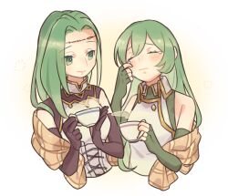 Rule 34 | 2girls, annand (fire emblem), bare shoulders, brown gloves, circlet, closed mouth, commentary request, cup, double-parted bangs, erinys (fire emblem), female focus, fire emblem, fire emblem: genealogy of the holy war, gloves, green eyes, green hair, haconeri, hair between eyes, holding, holding cup, long hair, matching hair/eyes, multiple girls, nintendo, siblings, simple background, sisters, smile, steam, teacup, tears, upper body, wavy mouth, white background