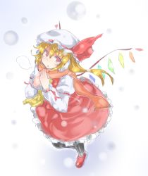 Rule 34 | 1girl, :o, ascot, black legwear, blonde hair, blush, bow, breath, flandre scarlet, frills, from above, hat, hat bow, long sleeves, looking at viewer, mob cap, open mouth, ototobe, red eyes, red footwear, red skirt, scarf, shoes, simple background, sketch, skirt, snowing, solo, standing, touhou, wings, winter, winter clothes