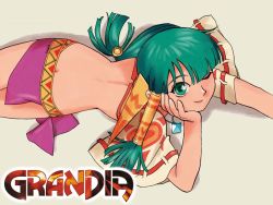 Rule 34 | 1990s (style), 1girl, back, blunt bangs, butt crack, copyright name, feena (grandia), game arts, grandia, grandia i, green eyes, green hair, hair ornament, hair tubes, head rest, hontani toshiaki, jewelry, logo, long hair, looking at viewer, looking up, low-tied long hair, lying, matching hair/eyes, miniskirt, necklace, official art, official wallpaper, on stomach, one eye closed, retro artstyle, skirt, smile, solo, wide sleeves, wink