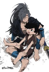 Rule 34 | 1boy, 1girl, androgynous, bandages, barefoot, black hair, brown eyes, closed mouth, dororo (character), dororo (tezuka), feet, full body, hair over one eye, hyakkimaru (dororo), indesign, japanese clothes, long hair, open mouth, ponytail, short hair, sitting, sword, weapon, white background