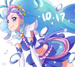Rule 34 | 1girl, blue eyes, blue hair, blue skirt, chocokin, closed mouth, cowboy shot, crop top, cure mermaid, dated, earrings, go! princess precure, jewelry, kaidou minami, leaning forward, long hair, looking at viewer, magical girl, multicolored hair, precure, purple hair, signature, simple background, skirt, smile, solo, streaked hair, two-tone hair, white background