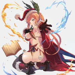 Rule 34 | 10s, 1girl, ;q, aqua eyes, ass, black gloves, blue fire, book, breasts, cape, christmas, clarisse (granblue fantasy), female focus, fire, from behind, gloves, granblue fantasy, hat, heart, heart-shaped pupils, high heels, highres, large breasts, light brown hair, long hair, looking at viewer, midriff, one eye closed, open book, panties, ponytail, por (downletgo), red panties, santa costume, santa hat, skindentation, solo, symbol-shaped pupils, thighhighs, thighs, thong, tongue, tongue out, underwear
