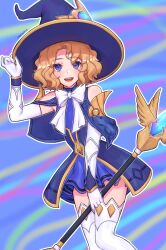 Rule 34 | 1girl, :d, alternate costume, artist name, bare shoulders, black hat, blonde hair, blue eyes, boots, bow, bowtie, gloves, hat, highres, holding, holding staff, league of legends, long sleeves, lux (league of legends), multicolored background, nanumn, open mouth, outline, shiny skin, skirt, smile, solo, sorceress lux, staff, teeth, thigh boots, thighhighs, upper teeth only, white bow, white bowtie, white outline, white thighhighs, witch hat
