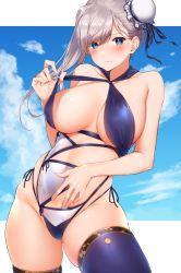 Rule 34 | 1girl, blue eyes, blue one-piece swimsuit, blue thighhighs, blush, breasts, bun cover, cleavage, closed mouth, criss-cross halter, fate/grand order, fate (series), grey hair, hair bun, hair ribbon, halterneck, hechi (hechi322), highres, large breasts, long hair, looking at viewer, miyamoto musashi (fate), miyamoto musashi (fate/grand order), miyamoto musashi (swimsuit berserker) (fate), miyamoto musashi (swimsuit berserker) (third ascension) (fate), one-piece swimsuit, ribbon, side bun, single hair bun, single side bun, sky, solo, swept bangs, swimsuit, thighhighs, white one-piece swimsuit