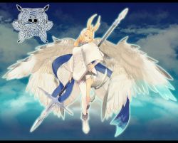 Rule 34 | absurdres, asymmetrical legwear, bad id, bad pixiv id, blonde hair, blue eyes, blue sky, cloud, crown, feathered wings, full body, grey scarf, hair ornament, hair wings, hand on own hip, highres, holding, holding polearm, holding weapon, huge filesize, long hair, long sleeves, looking at viewer, nail polish, outdoors, pixiv fantasia, pixiv fantasia last saga, polearm, red nails, rererenoren, scarf, sky, solo, trudy (pixiv fantasia last saga), uneven legwear, weapon, white legwear, white wings, wings