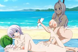 Rule 34 | 2girls, absurdres, ass, ass grab, bikini, breasts, cleavage, fairy tail, highres, huge breasts, large breasts, lisanna strauss, long hair, mirajane strauss, multiple girls, nipples, silver hair, swimsuit