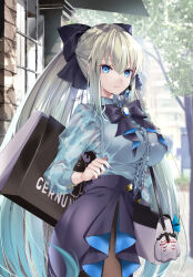 Rule 34 | 1girl, akatsuki hijiri, bag, black bow, black skirt, blue eyes, blue shirt, bow, bowtie, braid, breasts, brooch, center frills, cernunnos (fate), fate/grand order, fate (series), french braid, frills, grey hair, hair bow, highres, jewelry, large breasts, long hair, long sleeves, looking at viewer, morgan le fay (fate), ponytail, shirt, shoulder bag, sidelocks, skirt, solo, stuffed toy, very long hair
