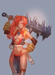 Rule 34 | 1girl, bow (bhp), breasts, brown eyes, club, club (weapon), dark-skinned female, dark skin, gloves, hand on own hip, highres, hip focus, horns, jewelry, kanabou, long hair, looking at viewer, navel, necklace, oni, original, pointy ears, red hair, small breasts, solo, spiked club, thighs, weapon