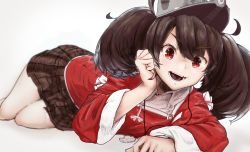 Rule 34 | 1girl, absurdres, bare legs, brown hair, brown skirt, commentary request, fangs, hand on own head, headgear, highres, huge filesize, japanese clothes, kantai collection, kariginu, leaning, legs, long hair, looking at viewer, lying, on side, open mouth, red eyes, red shirt, ryuujou (kancolle), shirt, skin fangs, skirt, smile, solo, teeth, tongue, twintails, uzi 346, visor cap, white background