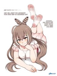 Rule 34 | 1girl, ahoge, artist logo, barefoot, blush, brown eyes, brown hair, commentary, crossed bangs, crossed legs, dress, english commentary, feather hair ornament, feathers, feet, feet up, frilled sleeves, frills, full body, gradient dress, hair between eyes, hair ornament, hairclip, hand up, highres, hololive, hololive english, long hair, looking at viewer, lululewd, lying, multicolored hair, nail polish, nanashi mumei, no shoes, on stomach, pink dress, pink nails, pink socks, short sleeves, sidelocks, socks, soles, solo, streaked hair, toes, virtual youtuber, white background, white dress, white hair, white socks