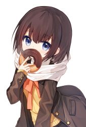 Rule 34 | 1girl, black jacket, black skirt, blue eyes, brown hair, covered mouth, doughnut, food, hair between eyes, holding, holding food, jacket, long sleeves, looking at viewer, open clothes, open jacket, original, pleated skirt, scarf, simple background, skirt, sleeves past wrists, solo, sweater, white background, white scarf, yellow sweater, yuuhagi (amaretto-no-natsu)