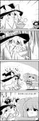 Rule 34 | 4koma, bow, bowl, bucket, carrying, chopsticks, comic, commentary request, eating, emphasis lines, greyscale, hair bobbles, hair ornament, hat, hat bow, highres, holding, holding bowl, holding chopsticks, in bucket, in container, kirisame marisa, kisume, leaf hair ornament, long hair, looking at another, monochrome, own hands together, rice, rice bowl, short hair, smile, sparkle, steam, tani takeshi, touhou, translation request, twintails, witch hat, yasaka kanako, yukkuri shiteitte ne