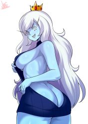 Rule 34 | 1girl, adventure time, ass, backless dress, backless outfit, bare back, bare shoulders, blue skin, blue sweater, breasts, butt crack, colored skin, crown, dress, genderswap, genderswap (mtf), highres, ice queen (adventure time), jmg, large breasts, long eyebrows, long hair, looking at viewer, meme attire, naked sweater, sharp teeth, sideboob, simple background, sweater, sweater dress, teeth, turtleneck, turtleneck sweater, very long hair, virgin killer sweater, white background, white hair