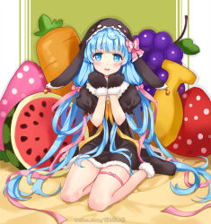 Rule 34 | 1girl, animal ears, animal hands, animal hat, banana, bell, blue eyes, blue hair, blush, boots, bow, carrot, commentary, dress, fake animal ears, food, fruit, fur-trimmed boots, fur-trimmed dress, fur-trimmed gloves, fur collar, fur trim, gloves, grapes, hair ribbon, hands up, hat, long hair, low twintails, miu (pixiv4149478), neck ribbon, open mouth, original, paw gloves, rabbit ears, rabbit hat, ribbon, short dress, short sleeves, sitting, smile, solo, strawberry, stuffed food, stuffed toy, thigh strap, twintails, very long hair, watermelon