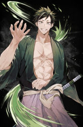 Rule 34 | 1boy, abs, arm out of sleeve, black background, black hair, clenched hand, cowboy shot, extra, facial scar, green eyes, green theme, grin, hakama, hand up, highres, japanese clothes, katana, kimetsu no yaiba, kimono, light particles, long sleeves, looking at viewer, male focus, oyumai, sash, scar, scar on cheek, scar on chest, scar on face, scar on forehead, scar on stomach, simple background, smile, solo, sword, torn clothes, weapon, wide sleeves