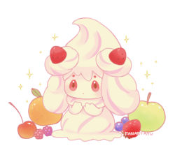 Rule 34 | alcremie, alcremie (strawberry sweet), alcremie (vanilla cream), apple, ayu (mog), blueberry, cherry, creatures (company), food, fruit, full body, game freak, gen 8 pokemon, green apple, looking at viewer, nintendo, no humans, orange (fruit), pokemon, pokemon (creature), raspberry, signature, solo, sparkle, strawberry, white background