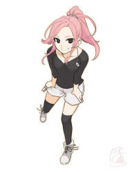 Rule 34 | 1girl, black shirt, black thighhighs, brown eyes, collarbone, commentary request, cross, cross earrings, cross necklace, earrings, from above, full body, grin, highres, jewelry, md5 mismatch, multiple earrings, necklace, original, pink hair, poaro, ponytail, resized, ring, shirt, shoelaces, shoes, shorts, sidelocks, signature, simple background, smile, solo, thighhighs, thumb in pocket, v-neck, white background, zettai ryouiki