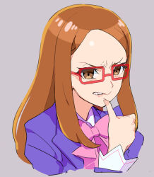 Rule 34 | 1girl, akai meganee, angry, blue jacket, bow, brown eyes, brown hair, commentary request, cropped torso, finger to mouth, frown, furrowed brow, glasses, grey background, hand up, jacket, long hair, long sleeves, looking at viewer, moudoku (decopon3rd), pink bow, pretty series, red-framed eyewear, scowl, simple background, solo, teeth, upper body