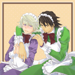 Rule 34 | 10s, 2boys, apron, bad id, bad pixiv id, blonde hair, blush, bow, bracelet, brown eyes, brown hair, crossdressing, ivan karelin, jewelry, kaburagi t. kotetsu, maid, maid apron, maid headdress, male focus, multiple boys, purple eyes, short hair, sokiw, sweatdrop, tiger &amp; bunny, watch, wristwatch