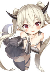 Rule 34 | 10s, 1girl, absurdres, armor, black skirt, black thighhighs, brown hair, darnell, fangs, flat chest, hand to own mouth, highres, horns, isekai maou to shoukan shoujo no dorei majutsu, krebskulm, leaning forward, long hair, looking at viewer, miniskirt, open mouth, pointy ears, red eyes, revealing clothes, simple background, single thighhigh, skirt, smile, solo, tail, thigh strap, thighhighs, twintails, white background