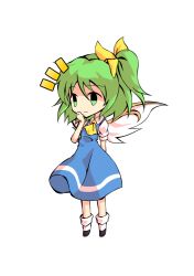 Rule 34 | 1girl, ascot, black eyes, black footwear, blue dress, bow, chibi, closed mouth, collar, collared shirt, dairi, daiyousei, dress, fairy wings, full body, green eyes, green hair, hair between eyes, hair bow, hand on own face, hand up, looking to the side, ponytail, puffy short sleeves, puffy sleeves, shaded face, shirt, shoes, short hair, short ponytail, short sleeves, simple background, smile, socks, solo, standing, tachi-e, touhou, transparent background, white background, white shirt, white sleeves, white socks, wings, yellow ascot, yellow bow