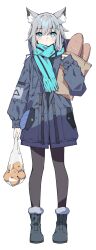 Rule 34 | 1girl, animal ear fluff, animal ears, ankle boots, bag, black leggings, blue archive, blue eyes, blue jacket, blue scarf, boots, bread, cross hair ornament, extra ears, food, fruit, full body, fur-trimmed boots, fur trim, green footwear, grey hair, hair ornament, hand up, highres, holding, holding bag, jacket, leggings, medium hair, mismatched pupils, orange (fruit), paper bag, plastic bag, scarf, shiroko (blue archive), simple background, solo, standing, striped clothes, striped scarf, suimz, white background, wolf ears