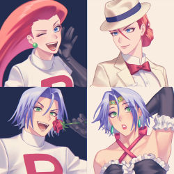 Rule 34 | 1boy, 1girl, absurdres, before and after, black gloves, blue eyes, blue hair, blush, bow, bowtie, commentary request, creatures (company), crossdressing, earrings, eyelashes, flower, game freak, gloves, green eyes, hair between eyes, hat, highres, holding, holding flower, jacket, james (pokemon), jessie (pokemon), jewelry, lipstick, long hair, looking at viewer, makeup, nintendo, one eye closed, open mouth, pokemon, pokemon (anime), pokemon sm082, pokemon sm (anime), red flower, red lips, red neckwear, red rose, rose, ruru (gi xxy), shirt, team rocket, team rocket uniform, teeth, tongue, turtleneck, white shirt