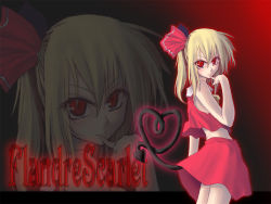 Rule 34 | 1girl, blouse, character name, female focus, flandre scarlet, from side, gradient background, hair between eyes, no wings, red background, shirt, sleeveless, sleeveless shirt, solo, touhou, wallpaper