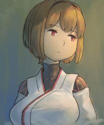 Rule 34 | 10s, 1girl, breasts, brown hair, commentary, expressionless, highres, hyuuga (kancolle), japanese clothes, kantai collection, large breasts, nontraditional miko, red eyes, seshiya, short hair, simple background, solo, undershirt, upper body