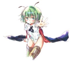 Rule 34 | 1girl, antennae, aqua eyes, bad id, bad pixiv id, blush, cape, green hair, kuromame (8gou), no pants, outstretched arm, outstretched hand, panties, shirt, solo, striped clothes, striped panties, thighhighs, touhou, underwear, wriggle nightbug