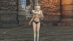 Rule 34 | 1girl, 3d, armor, armpits, bare shoulders, black hairband, bra, breasts, broken armor, building, cleavage, collarbone, corrin (female) (fire emblem), corrin (fire emblem), day, eyelashes, facing viewer, feet out of frame, female focus, fighting pose, fighting stance, fingernails, fire emblem, fire emblem fates, fire emblem warriors, gameplay mechanics, hair between eyes, hair ornament, hairband, holding, holding sword, holding weapon, intelligent systems, legs, legs together, long hair, medium breasts, midriff, multicolored underwear, nails, navel, neck, nintendo, official alternate costume, official underwear, outdoors, pale skin, panties, pointy ears, red eyes, ruins, serious, silver hair, sky, standing, sword, thighs, underwear, underwear only, weapon, yato (fire emblem)
