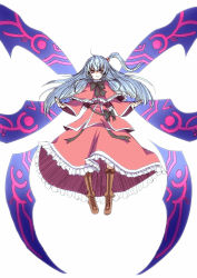 Rule 34 | 1girl, boots, bow, capelet, cross-laced footwear, dress, female focus, hair bobbles, hair ornament, knee boots, kuronuko neero, lace-up boots, long hair, long sleeves, looking at viewer, multiple wings, mystic square, one side up, open mouth, purple eyes, red dress, red eyes, ribbon, shinki (touhou), silver hair, solo, touhou, touhou (pc-98), wide sleeves, wings