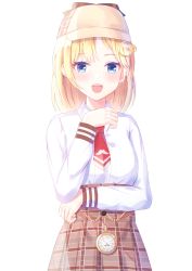 Rule 34 | 1girl, :d, blonde hair, blue eyes, blush, breasts, chakku illust, collared shirt, commentary, cowboy shot, dress shirt, hair ornament, hand up, hat, highres, hololive, hololive english, long hair, long sleeves, looking at viewer, mustache print, necktie, open mouth, plaid, plaid skirt, pleated skirt, red necktie, shirt, simple background, skirt, smile, solo, striped, teeth, upper body, upper teeth only, virtual youtuber, watson amelia, watson amelia (1st costume), white background, white shirt, wing collar