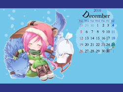 Rule 34 | 1girl, 2010, bad id, bad pixiv id, bag, black bra, blush, boots, bra, brown footwear, calendar (medium), chibi, christmas, closed eyes, closed mouth, commentary request, december, elbow gloves, fingerless gloves, full body, gloves, green gloves, green scarf, green shorts, green thighhighs, green tube top, hat, hizukiryou, long hair, lunatic (ragnarok online), petting, pink hair, rabbit, ragnarok online, ranger (ragnarok online), santa hat, scarf, shorts, sled, smile, strapless, thighhighs, tube top, underwear, wolf