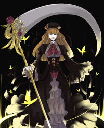 00s bad_id bad_pixiv_id brown_hair bug butterfly dress hat hime_cut insect raimu rosa_beatrice scythe solo umineko_no_naku_koro_ni ushiromiya_rosa