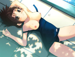Rule 34 | 1girl, amari yuki, arm behind head, bad id, bad pixiv id, blush, breasts, brown eyes, brown hair, clothes pull, female focus, looking at viewer, lying, name tag, nipples, on back, one-piece swimsuit, one-piece swimsuit pull, original, pool, poolside, school swimsuit, solo, swimsuit, tree shade
