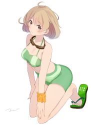 Rule 34 | 10s, 1girl, ahoge, bandaid, bandaid on face, bare arms, bare legs, bare shoulders, bikini, blush, breasts, brown eyes, brown hair, cleavage, eyebrows, flip-flops, full body, goggles, goggles around neck, green bikini, highres, kantai collection, kneeling, leaning forward, looking at viewer, no legwear, oboro (kancolle), sandals, scrunchie, short hair, signature, simple background, solo, swimsuit, tareme, tebi (tbd11), white background, wrist scrunchie