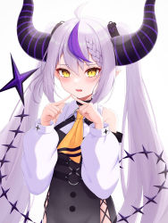 Rule 34 | 1girl, ahoge, alternate hairstyle, bare shoulders, black dress, blush, braid, collared shirt, commentary request, demon girl, demon horns, demon tail, dress, highres, hololive, horns, jupiterjack8, la+ darknesss, long hair, long sleeves, looking at viewer, multicolored hair, necktie, open mouth, pointy ears, purple hair, shirt, simple background, slit pupils, solo, streaked hair, striped horns, tail, twintails, two-tone hair, virtual youtuber, white background, white hair, white shirt, yellow eyes, yellow necktie