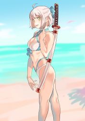 Rule 34 | 1girl, ahoge, beach, bikini, bow, commentary request, day, fate/grand order, fate (series), from side, henken, highleg, highleg bikini, highres, holding, katana, looking at viewer, multi-strapped bikini, ocean, okita j. souji (fate), okita j. souji (third ascension) (fate), okita souji (fate), okita souji (koha-ace), open mouth, outdoors, over shoulder, pink hair, sheath, sheathed, short hair, smile, solo, standing, swimsuit, sword, weapon, yellow eyes