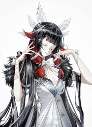 Rule 34 | 1girl, aiguillette, black hair, blunt bangs, bow, breasts, cleavage, closed eyes, closed mouth, columbina (genshin impact), dress, eye mask, eyelashes, feathered wings, fur trim, genshin impact, hair flaps, hair ornament, hair ribbon, hands up, head tilt, head wings, highres, jewelry, lipstick, long hair, makeup, mini wings, multicolored hair, multiple wings, nail polish, red hair, ribbon, shan gui yu yao, sidelocks, simple background, smile, solo, tress ribbon, two-tone hair, upper body, very long hair, white background, white bow, white dress, white wings, wings, wrist ribbon